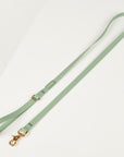 Light green dog leash with gold hardware on a white background