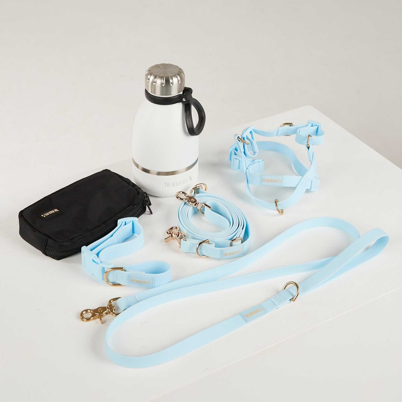Dog leash, collar, and water bottle on a white surface