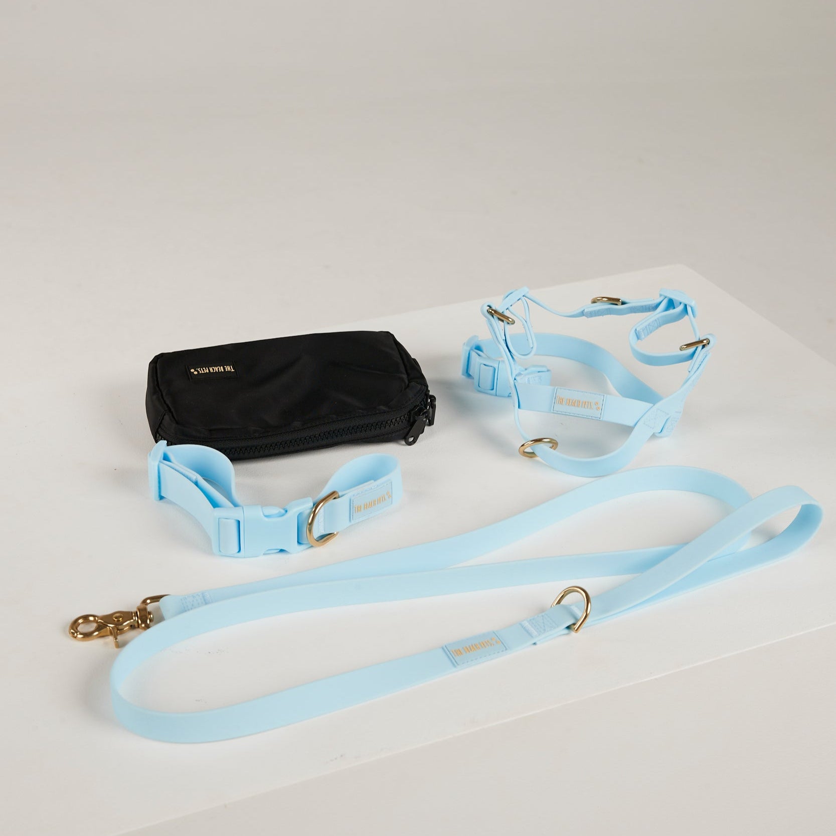 blue dog collar, dog harness, dog leash and poop bag