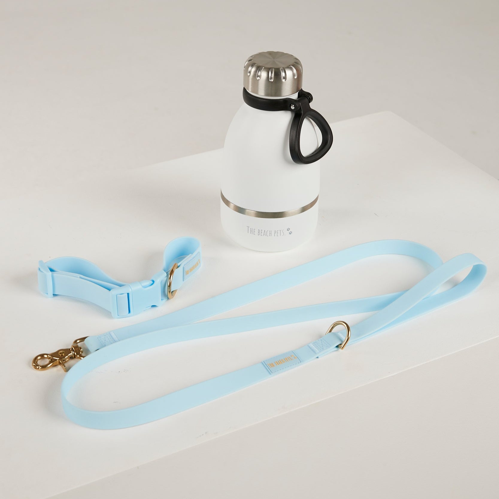 blue dog leash blue dog collar dog water bottle
