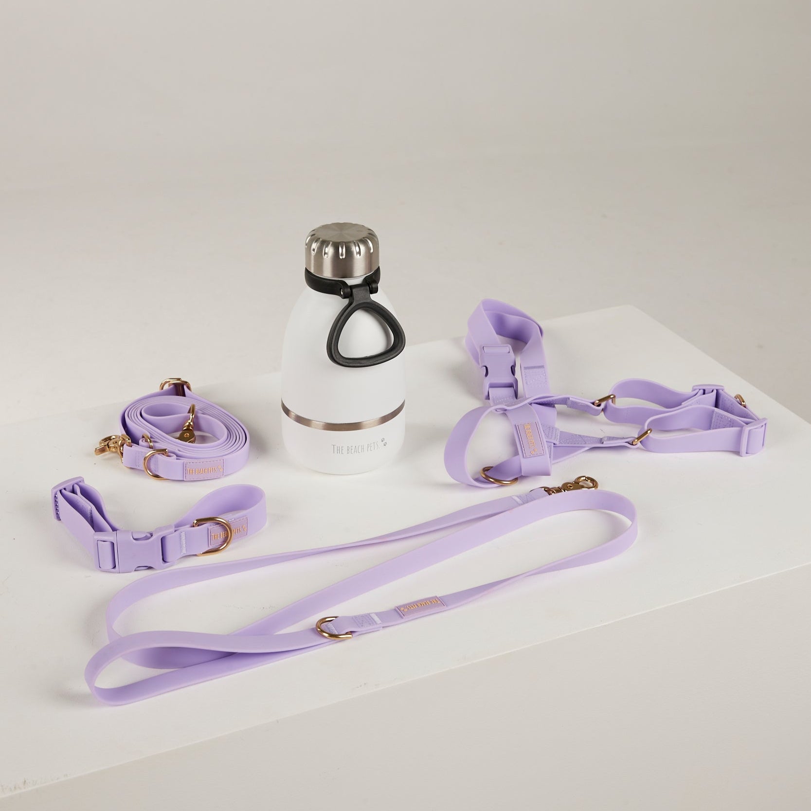 Lavender dog collar, leash, and bottle on a white surface with a light gray background