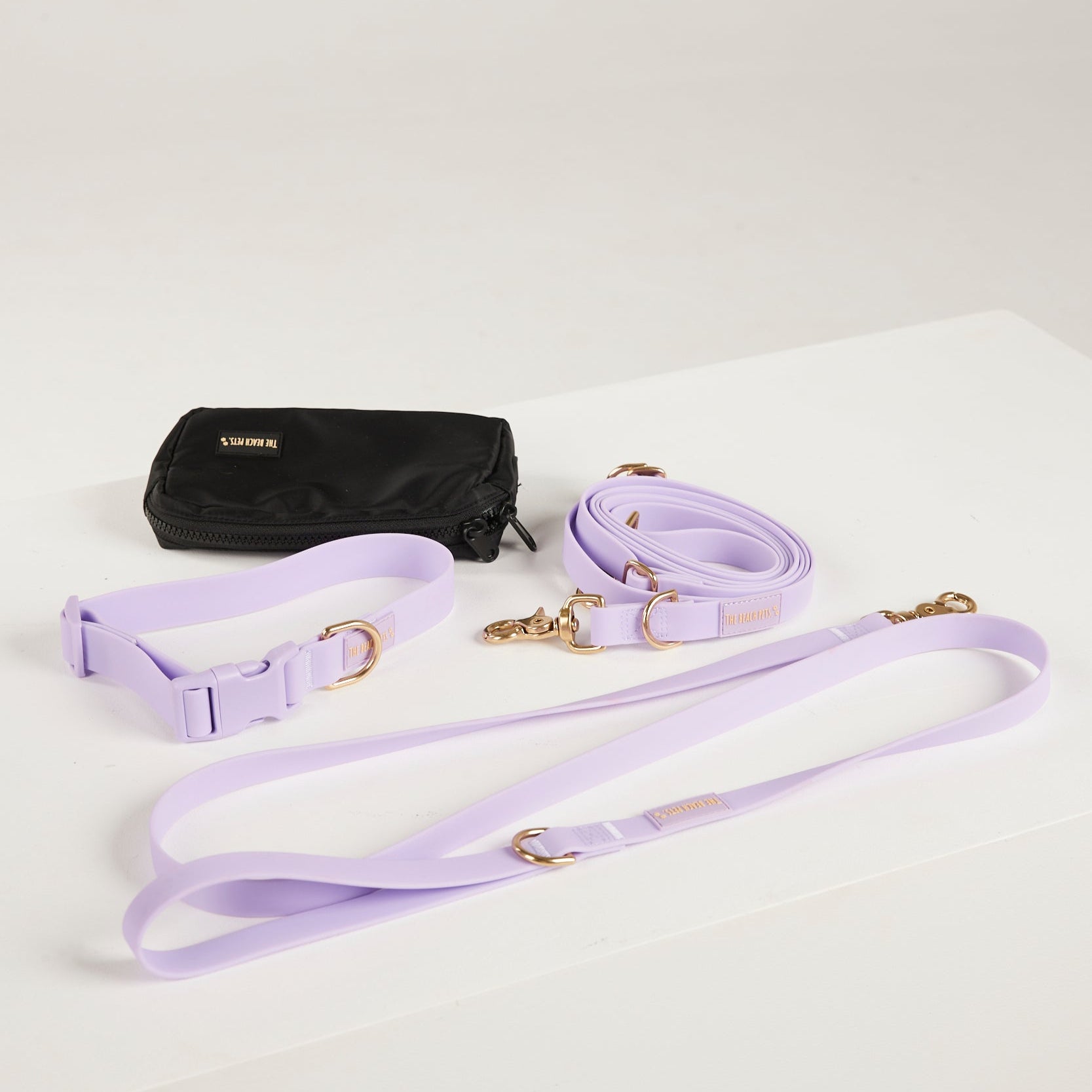 lilac  dog collar, dog lead and dog poop bag pouch