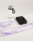 lilac dog lead, dog collar, bottle and poop bag