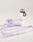 purple waterproof harness, dog lead and waterbottle