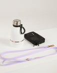 lilac dog leash, dog poop bag and dog waterbottle