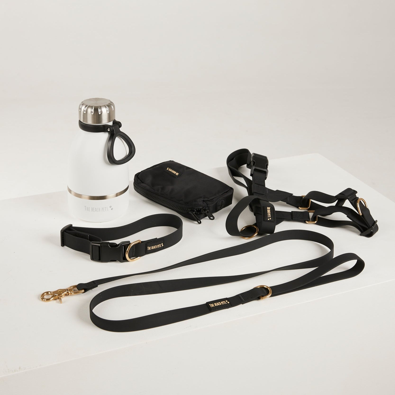 Collection of dog accessories including a water bottle, leash, and collar on a light gray background.