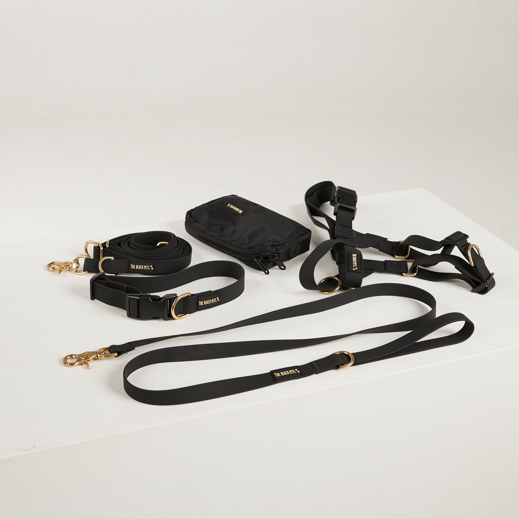 Dog training equipment including a collar, leash, and harness on a light gray background