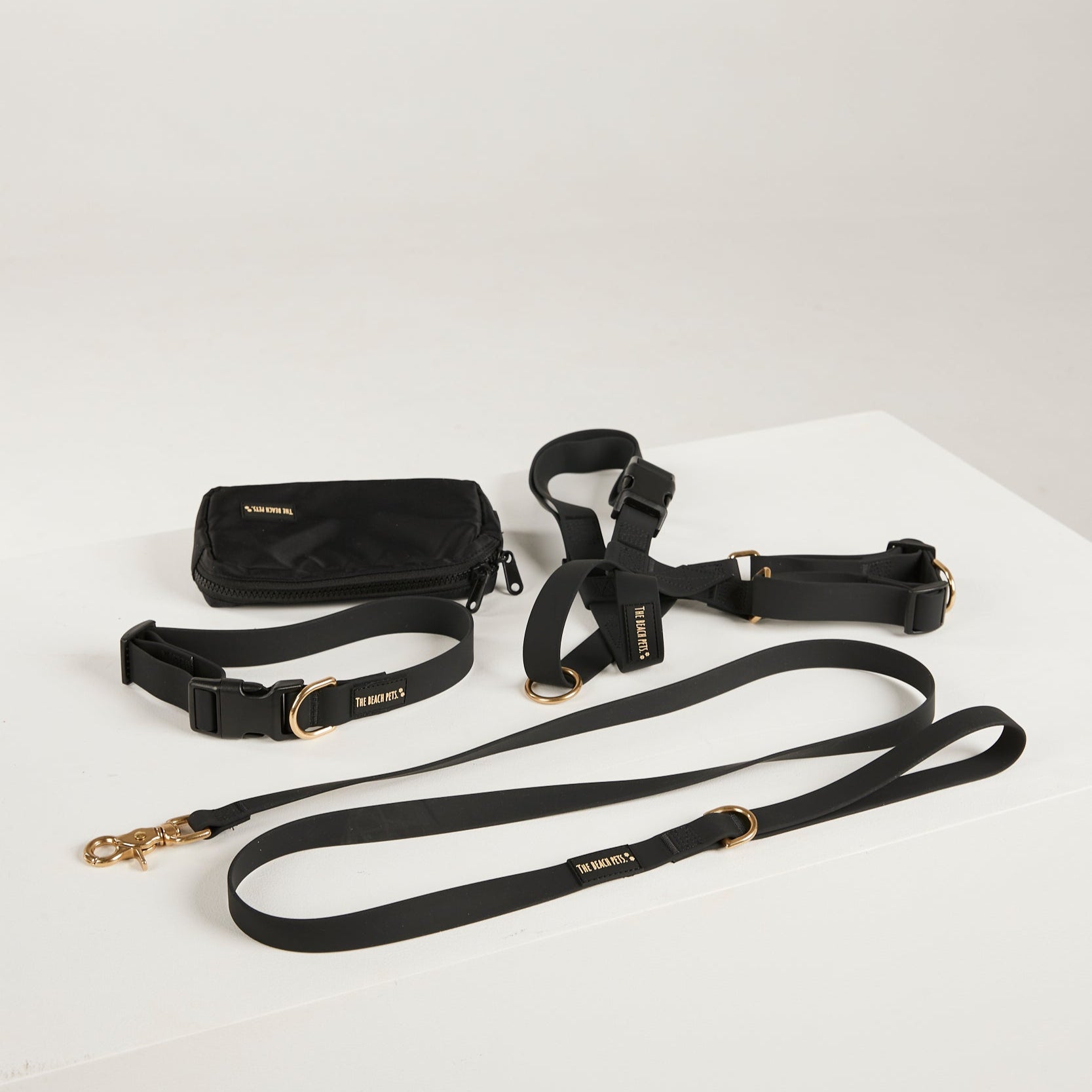 black dog collar, dog harness, dog leash and poop bag