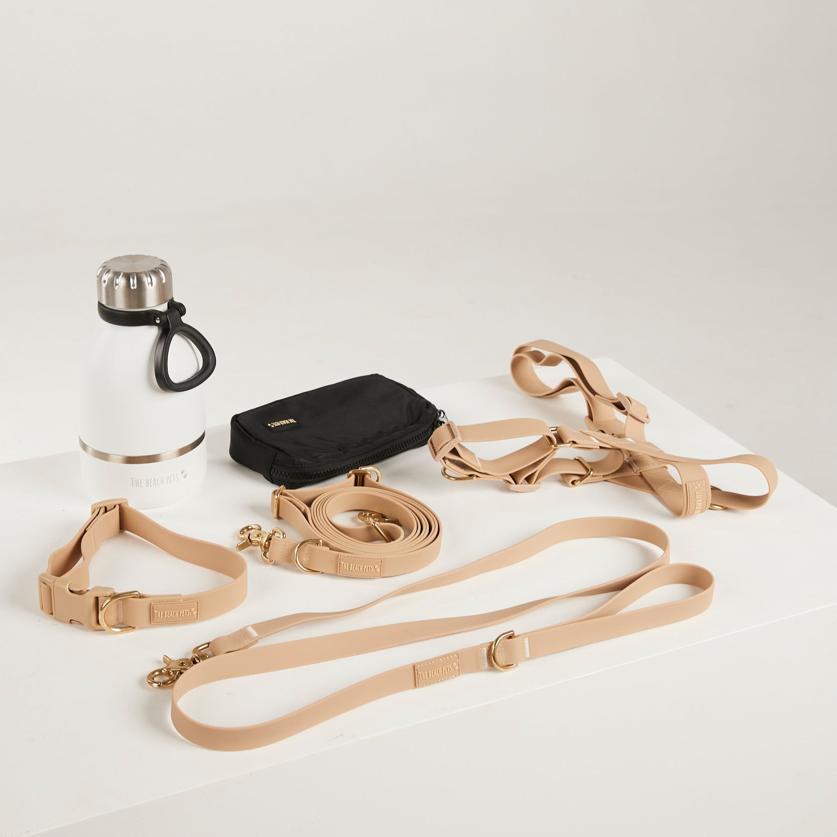 Dog leash and water bottle on a white background