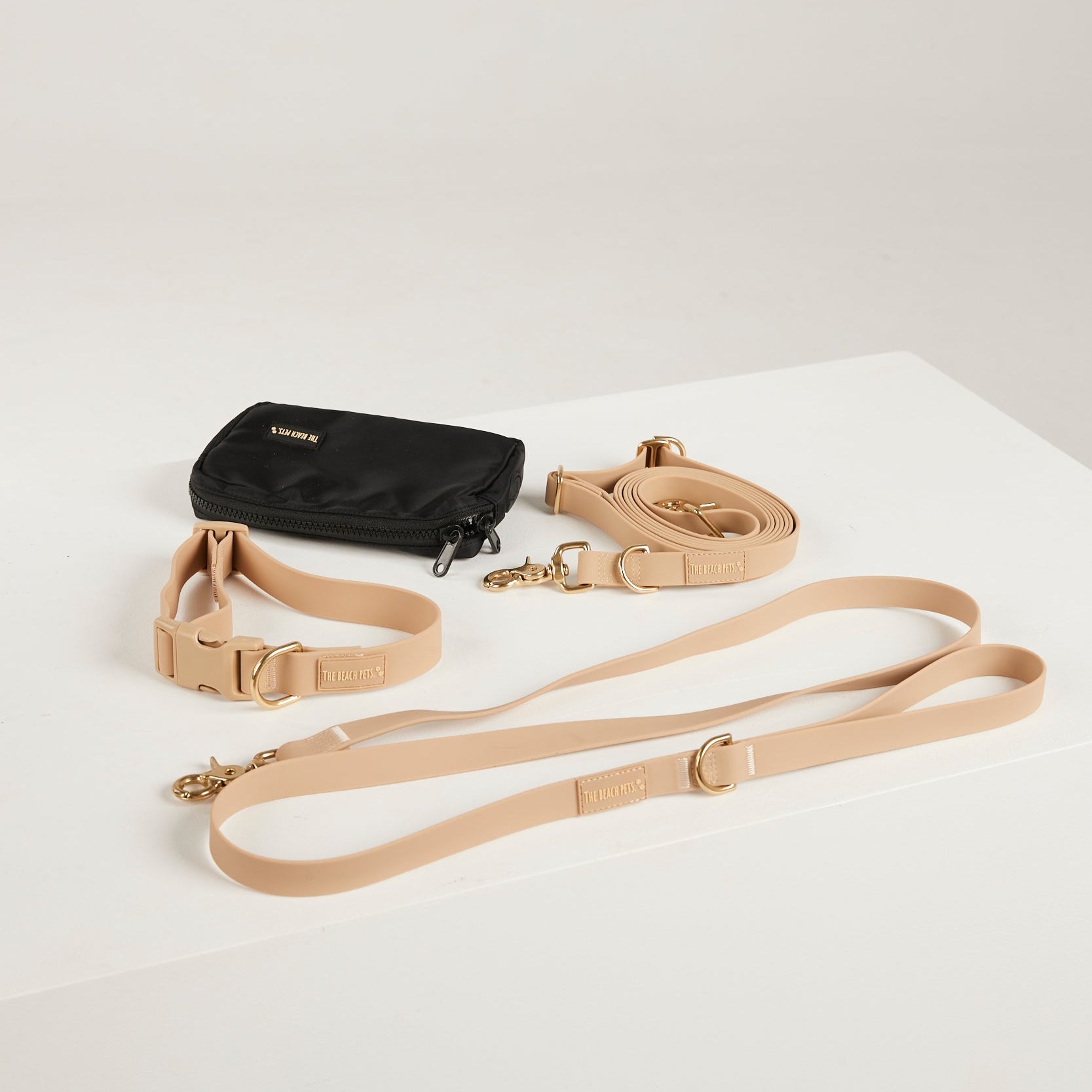 neutral  dog collar, dog lead and dog poop bag pouch