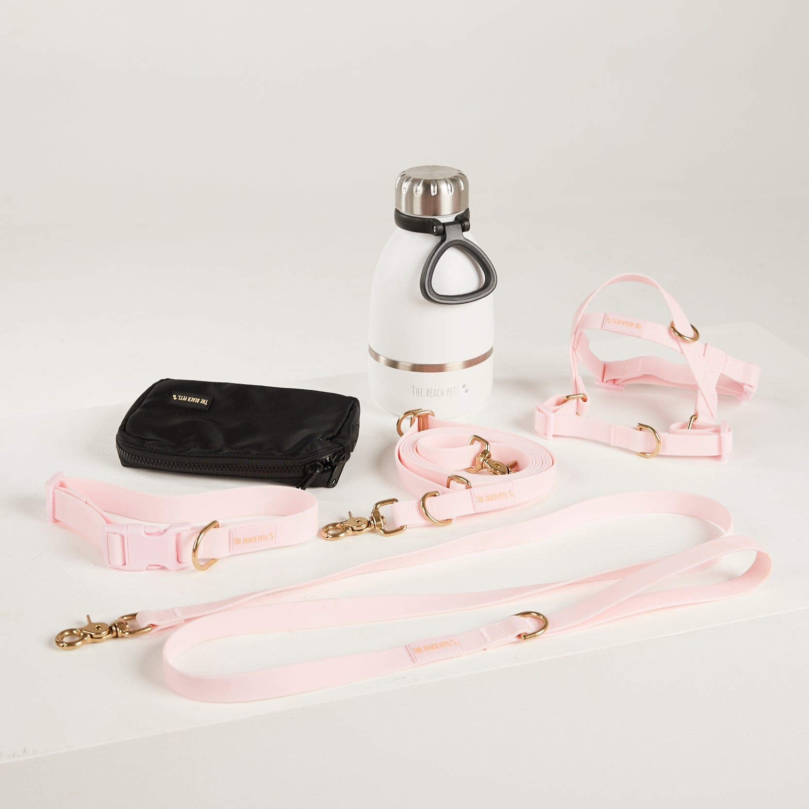 Dog collar, leash, and water bottle on a light gray background