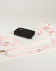 pink dog collar, dog harness, dog leash and poop bag