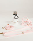 pink dog lead, harness, and botte