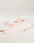 Pink dog collar and leash set on a light gray background