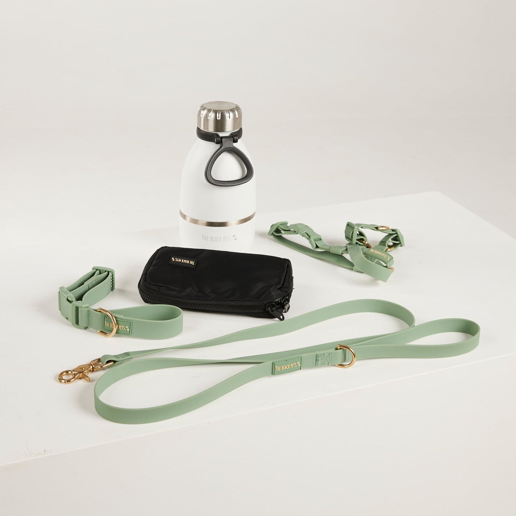 Set of green dog leash, black wallet, and white water bottle with silver cap on a light gray background