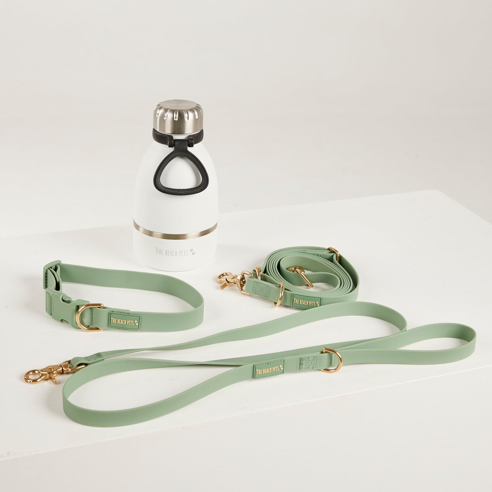 green dog lead, harness, collar and bottle