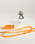 orange waterproof leads, water bottle with detachable dog bowl