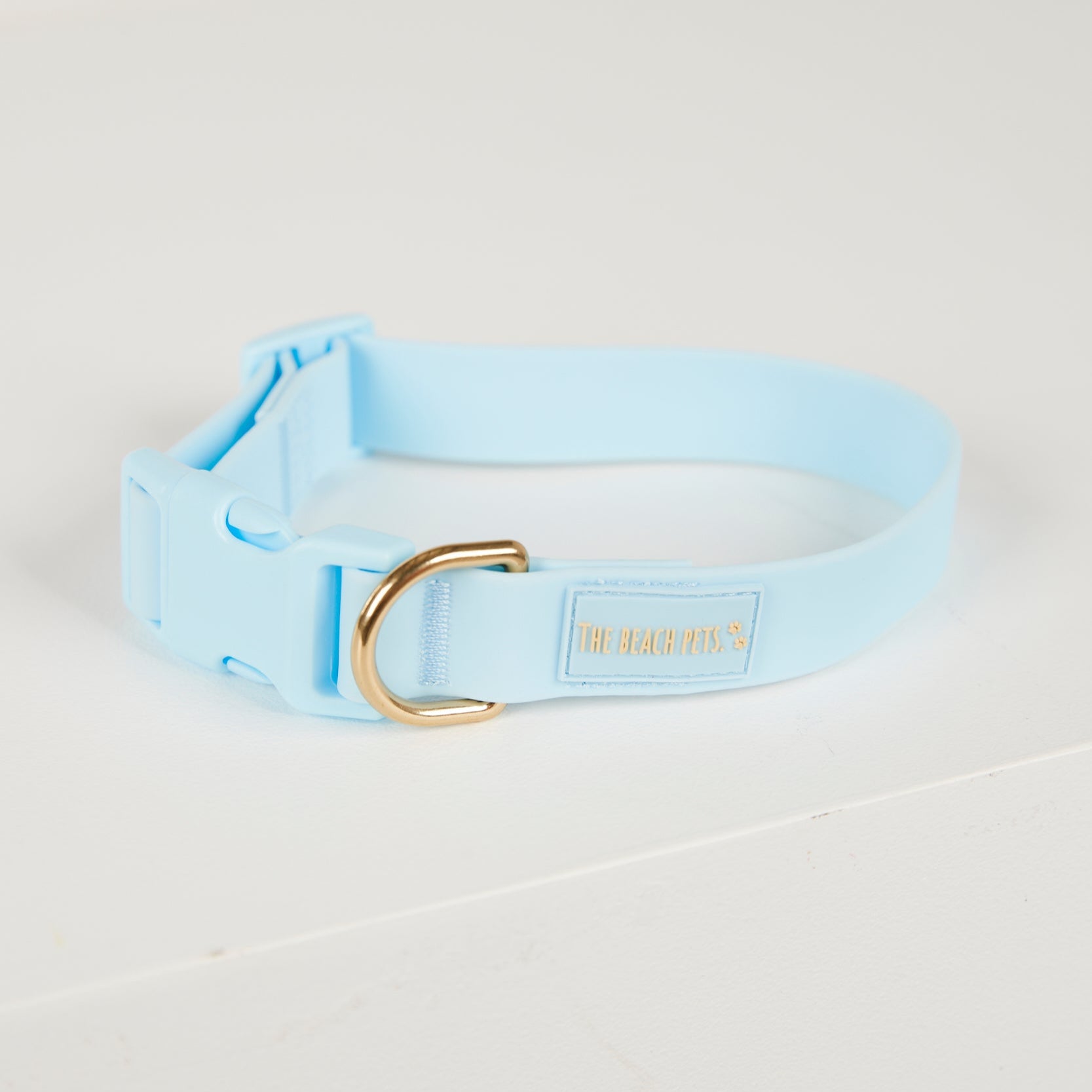 Light blue dog collar with a gold buckle on a light gray background