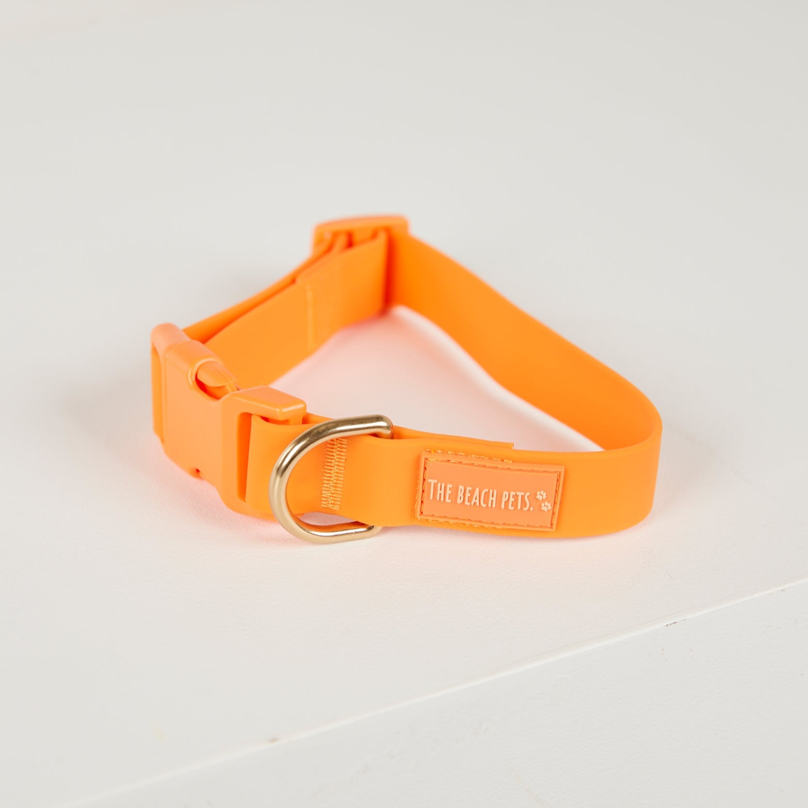 Orange dog collar with a gold ring on a light gray background