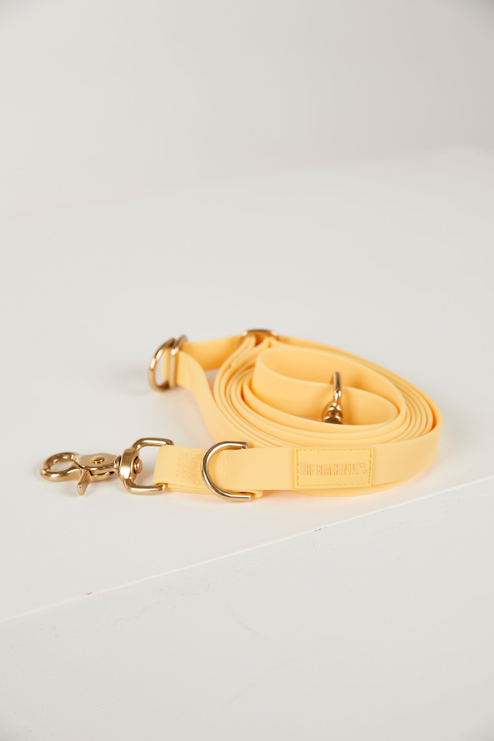Yellow dog leash with gold hardware on a white background