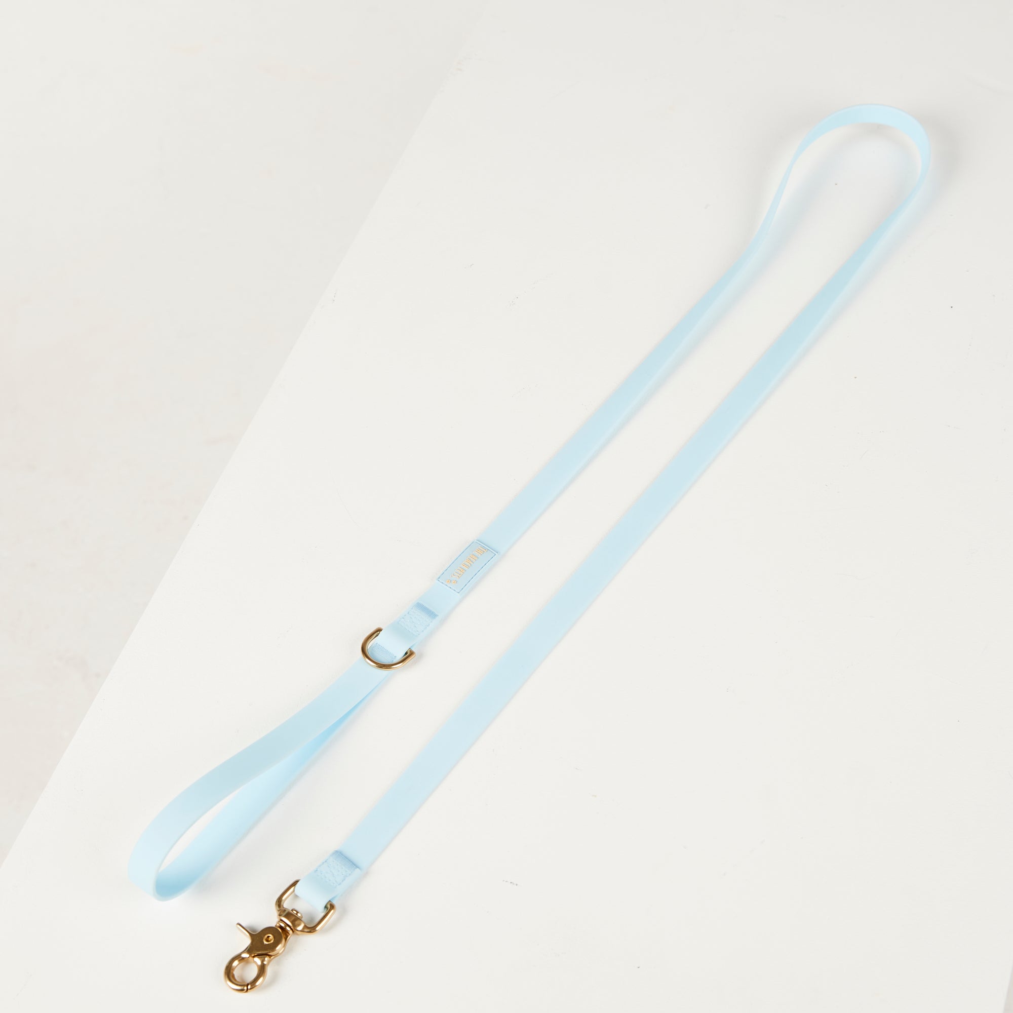 Light blue dog leash with gold clasp on a white background