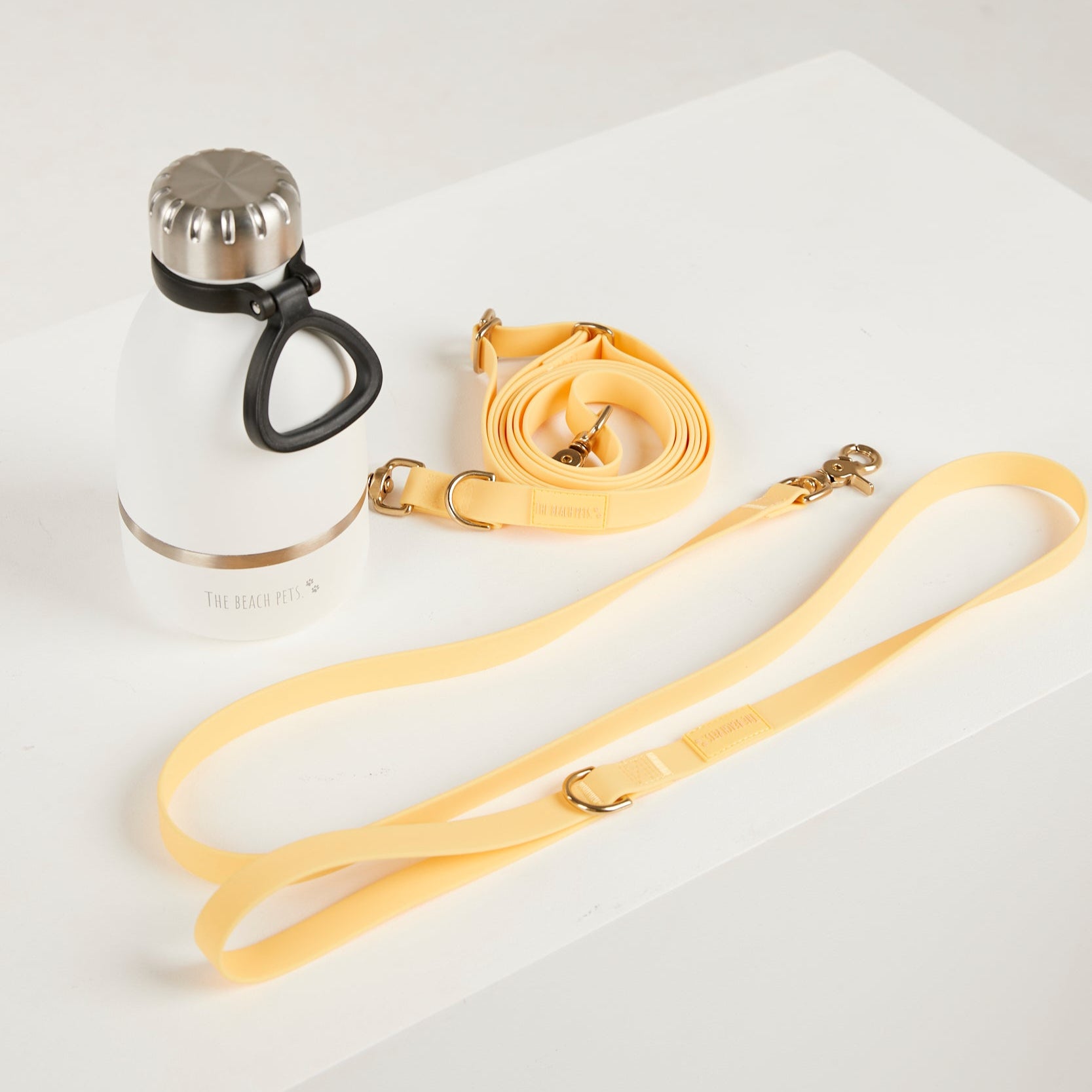 yellow waterproof leads, water bottle with detachable dog bowl