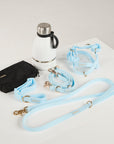 Dog leash, collar, and water bottle on a white surface