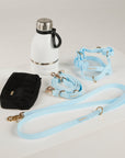 blue dog lead, dog water bottle, dog harness, dog poo bag pouch 