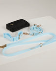 blue   dog collar, dog lead and dog poop bag pouch