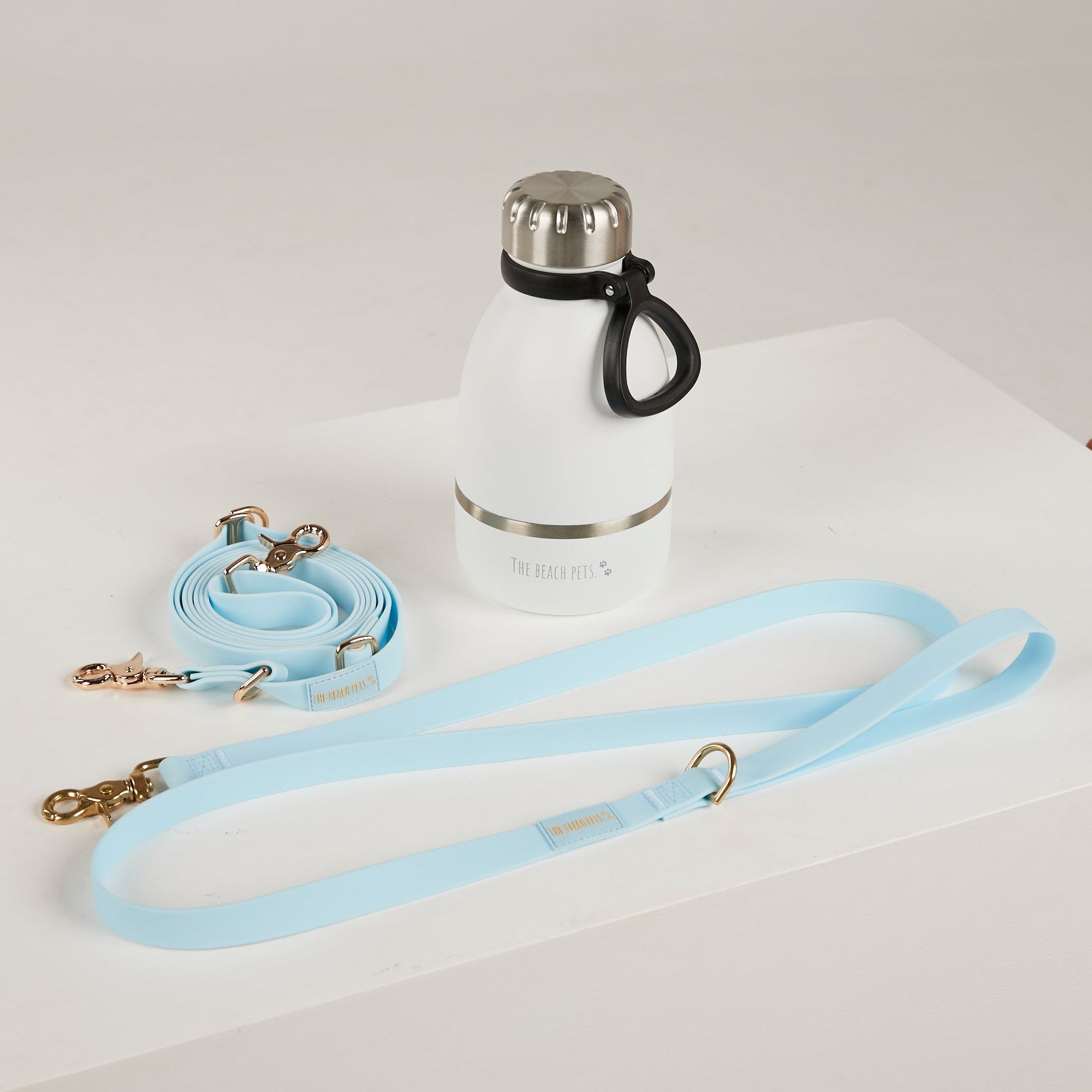 blue  waterproof leads, water bottle with detachable dog bowl