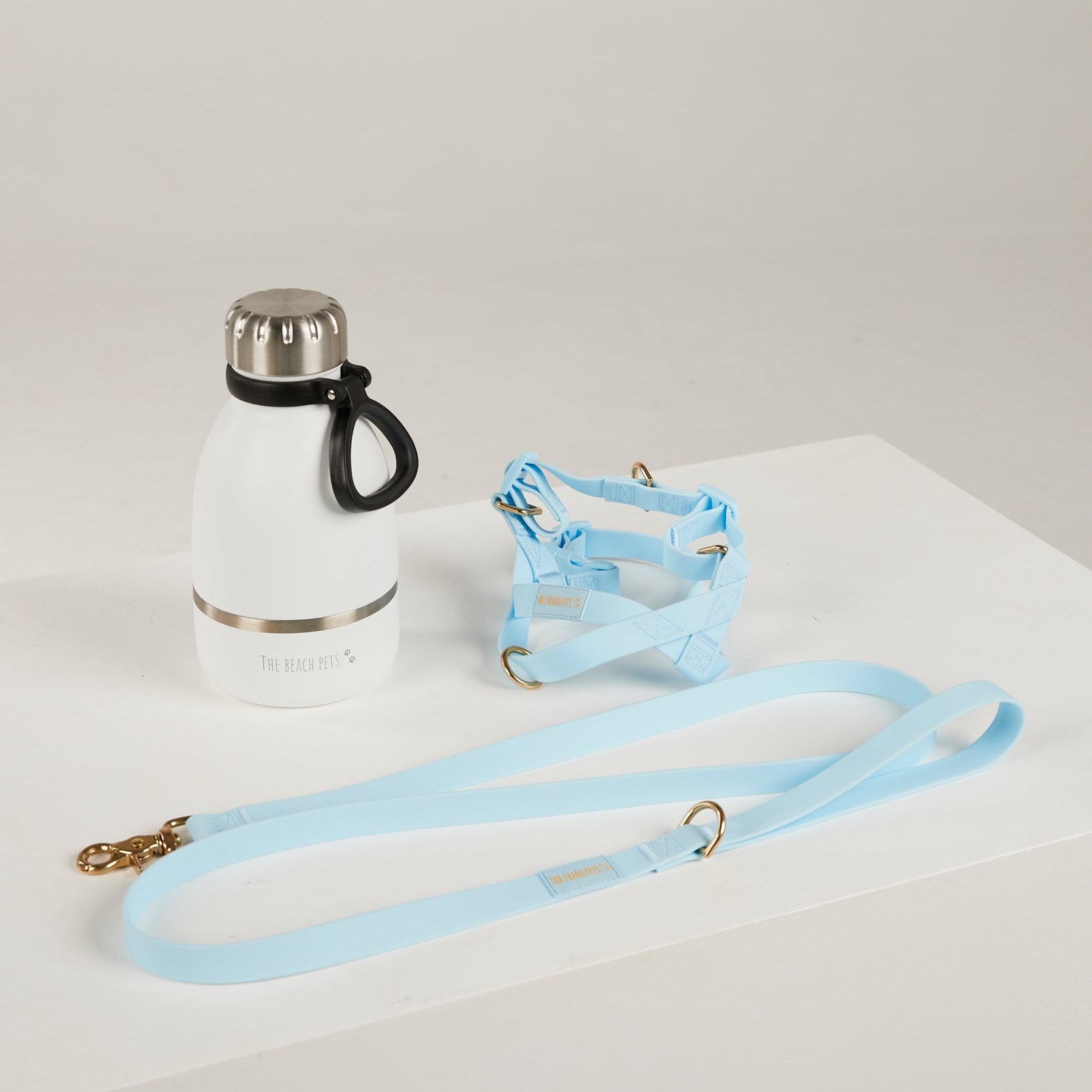 blue waterproof harness, dog lead and waterbottle
