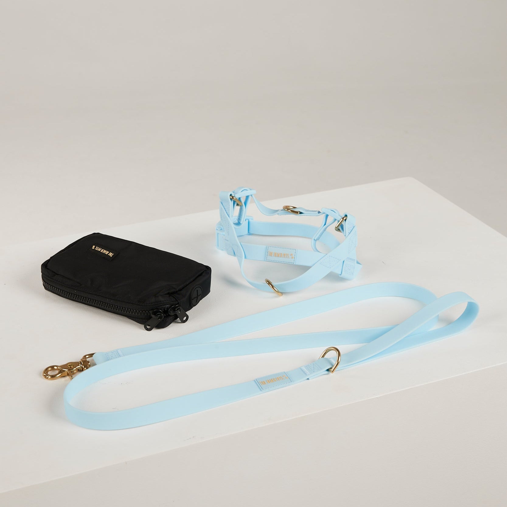 blue lead, harness, poo bag dog kit 
