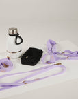 lilac dog lead, dog water bottle, dog harness, dog poo bag pouch  