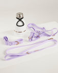 lilac dog coll, lead, harness and bottle