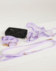 purple dog lead, harness and poop bag