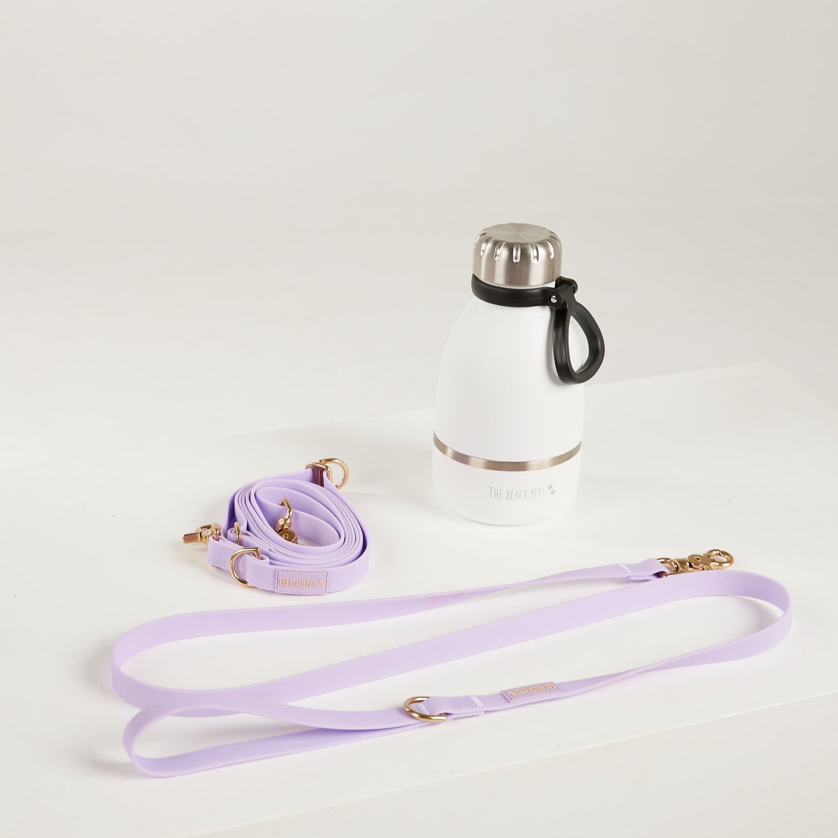 lilac  waterproof leads, water bottle with detachable dog bowl