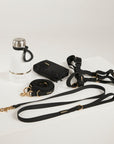 black dog lead, dog water bottle, dog harness, dog poo bag pouch 