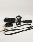 black dog lead, harness and poop bag