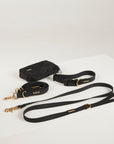 black  dog collar, dog lead and dog poop bag pouch 