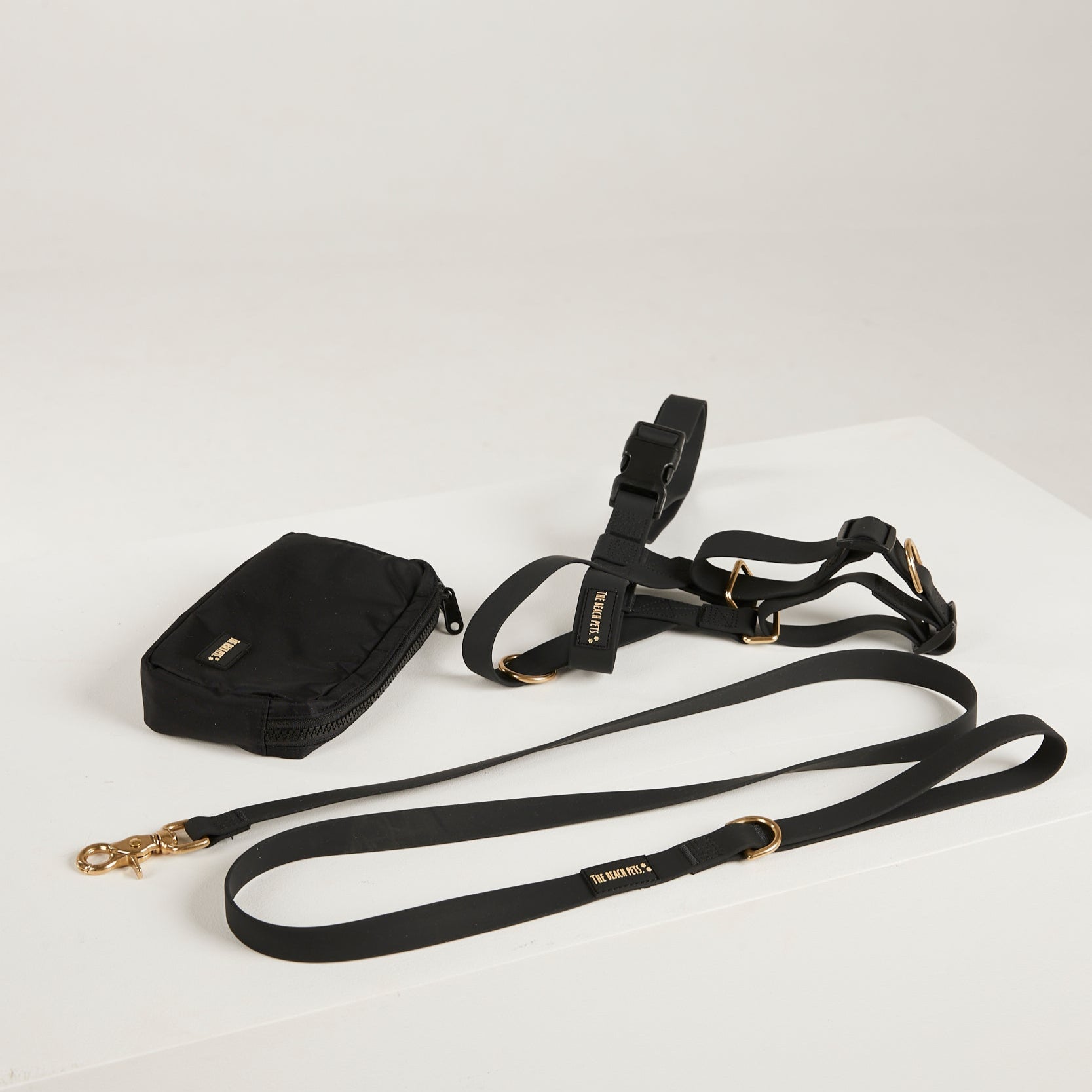 black lead, harness, poo bag dog kit 