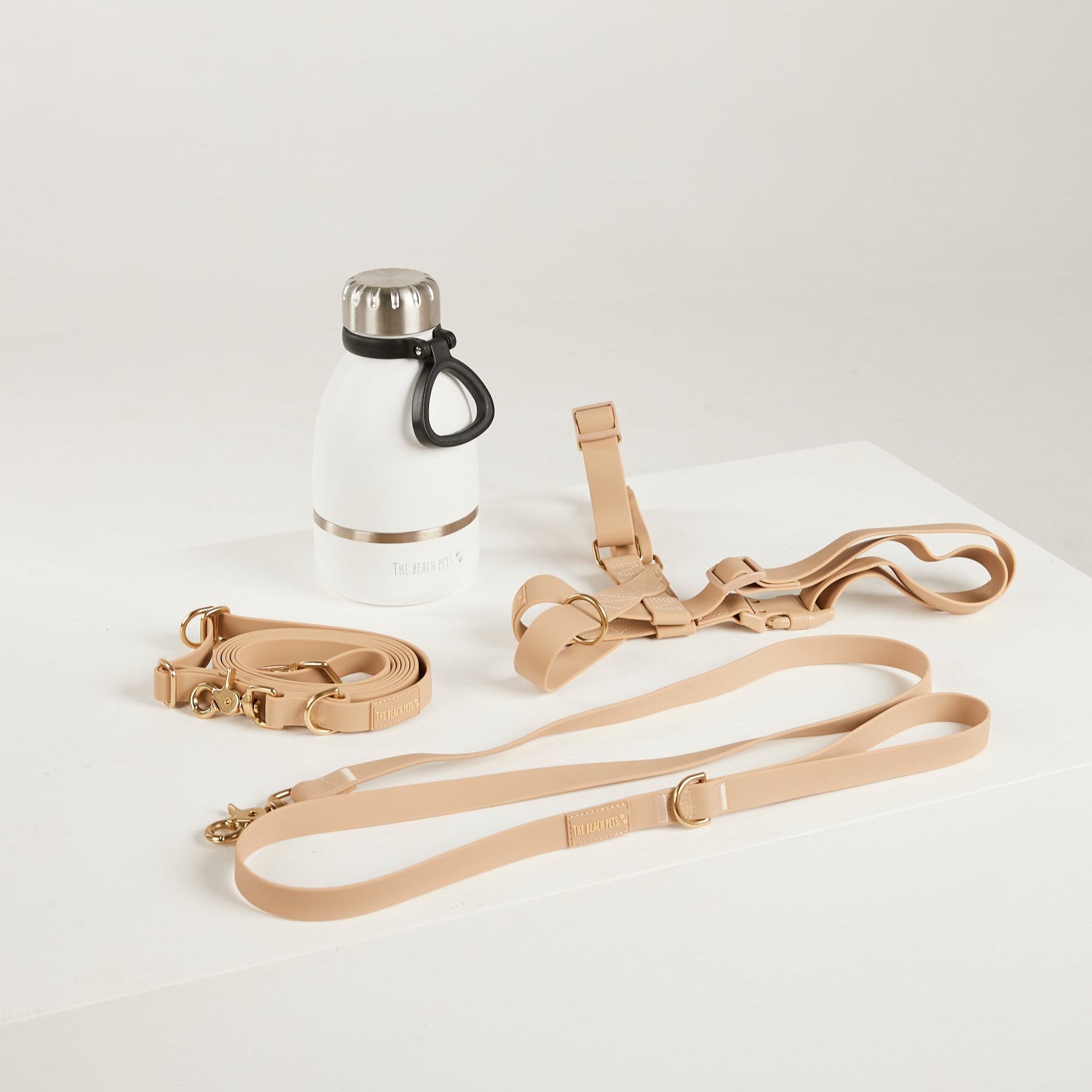 neutral  dog lead, harness, and botte 