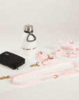 pink dog lead, dog water bottle, dog harness, dog poo bag pouch 