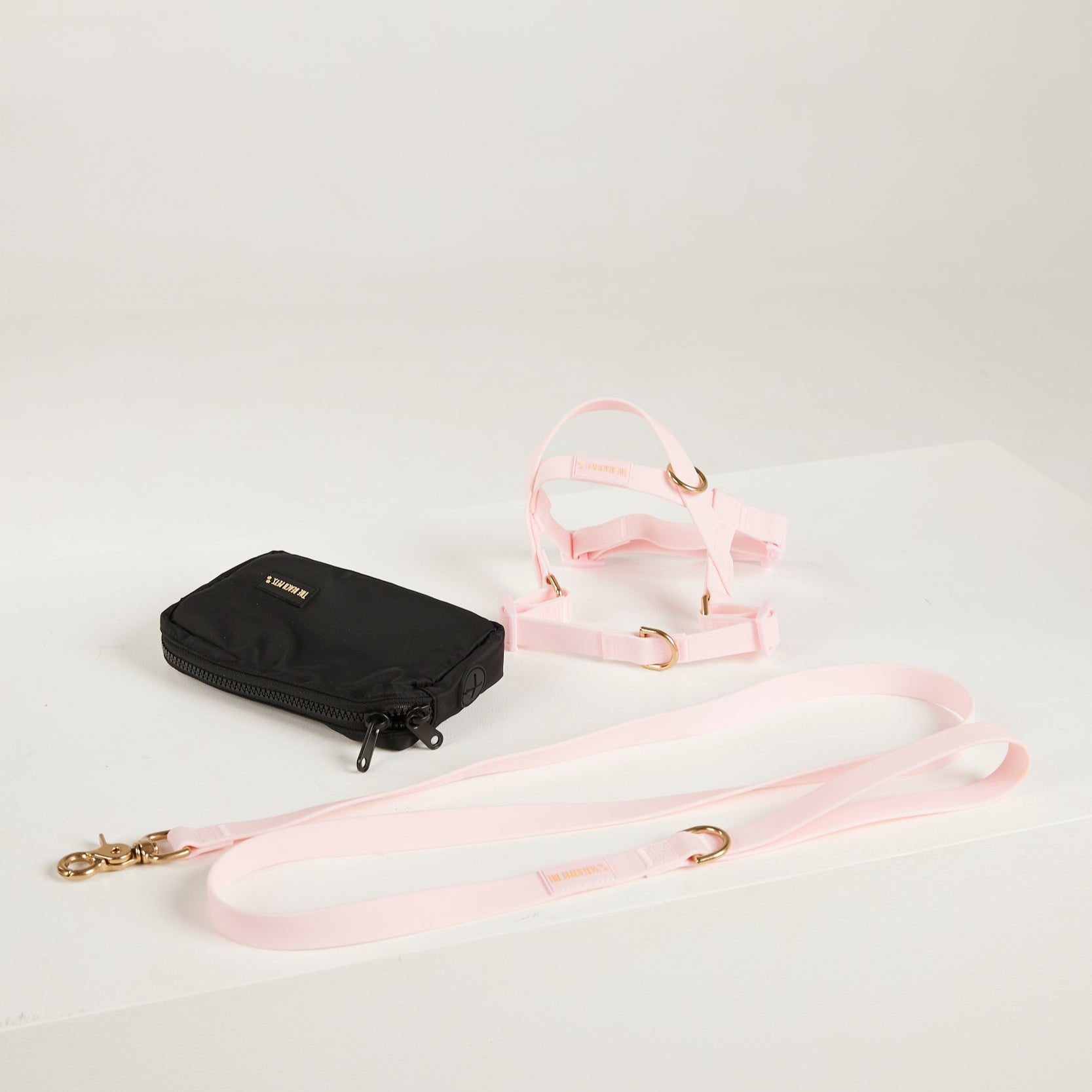 pink lead, harness, poo bag dog kit 