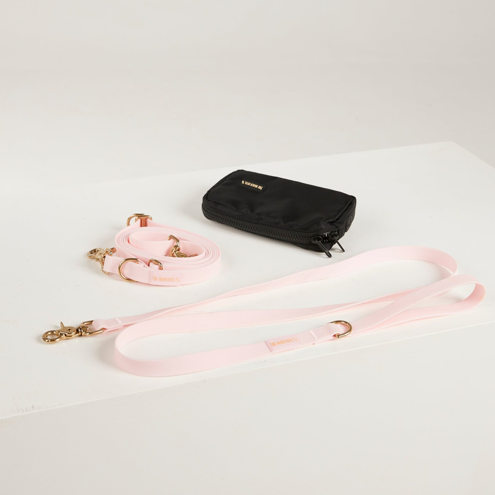 pink yellow waterproof dog leash, poop bag