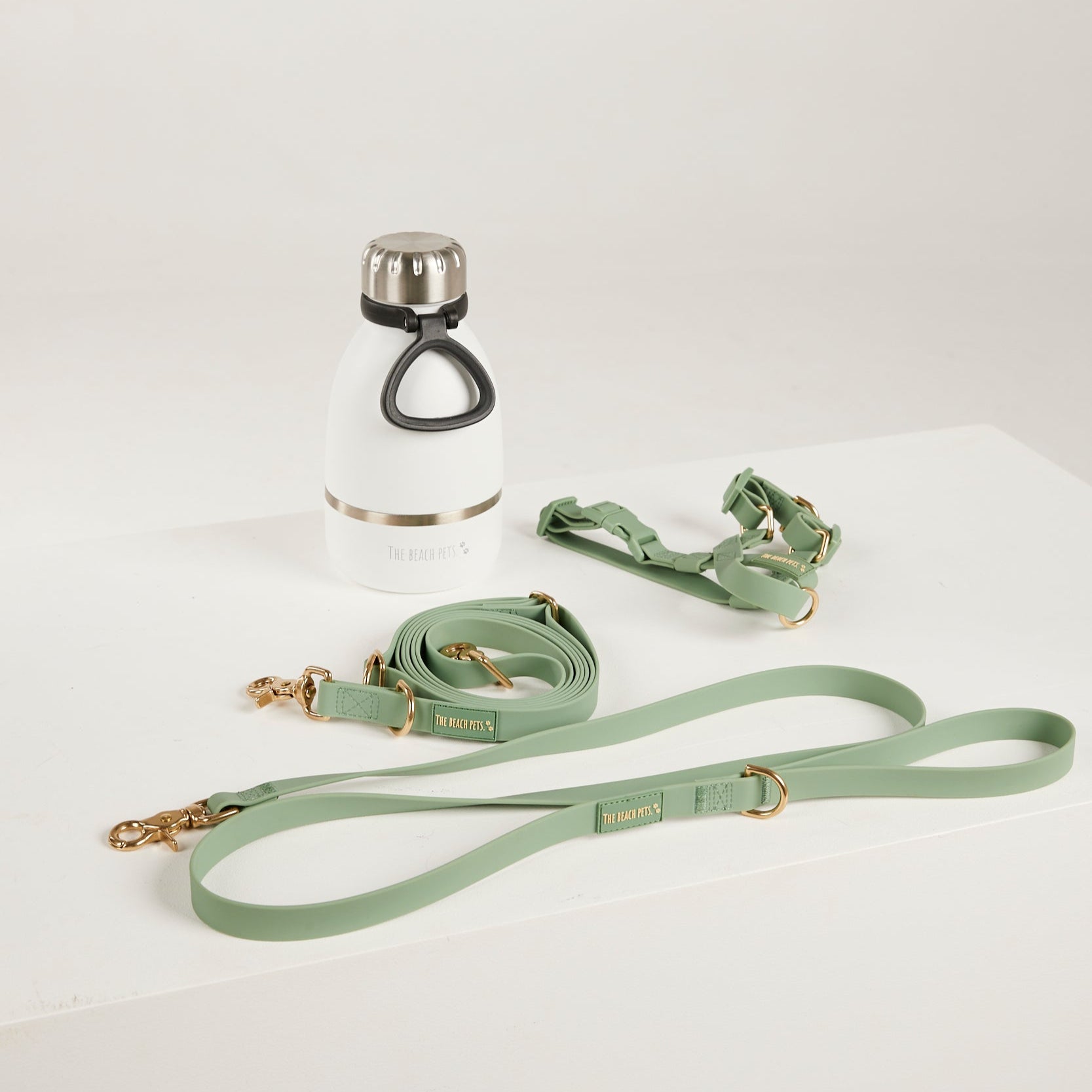 green  dog lead, harness, and botte 