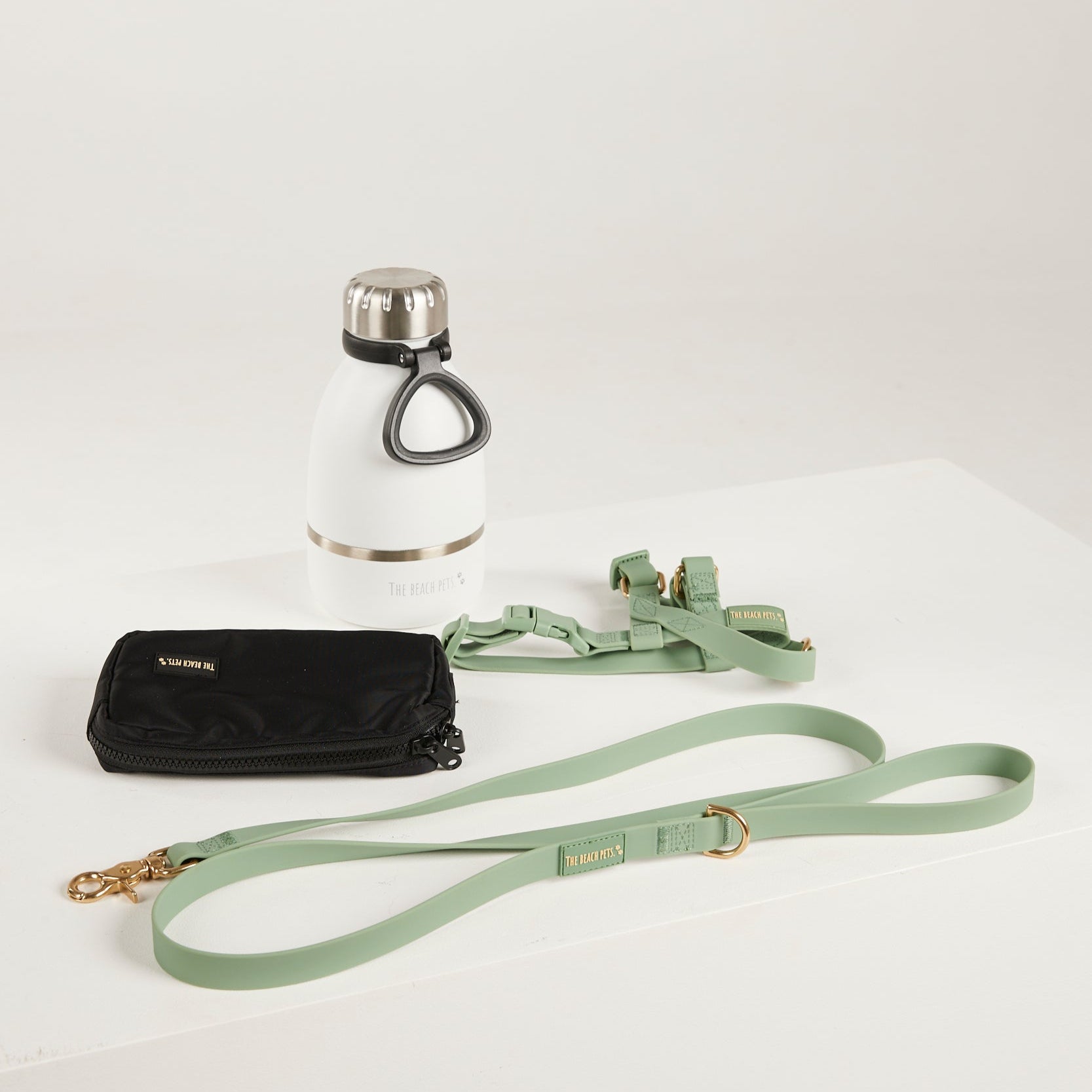 Black poop pouch. white water bottle with silver cap, and green dog leash 