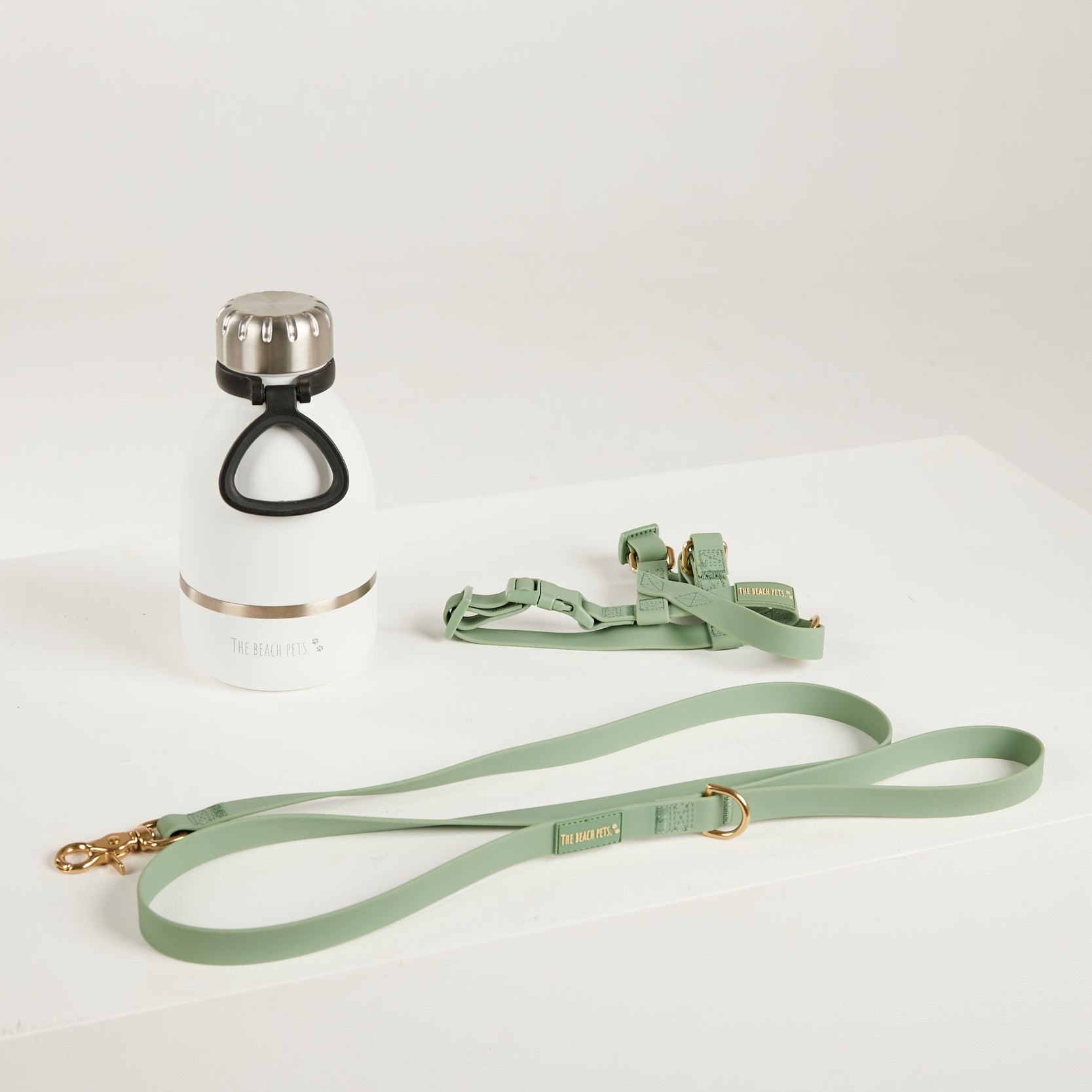 green waterproof harness, dog lead and waterbottle