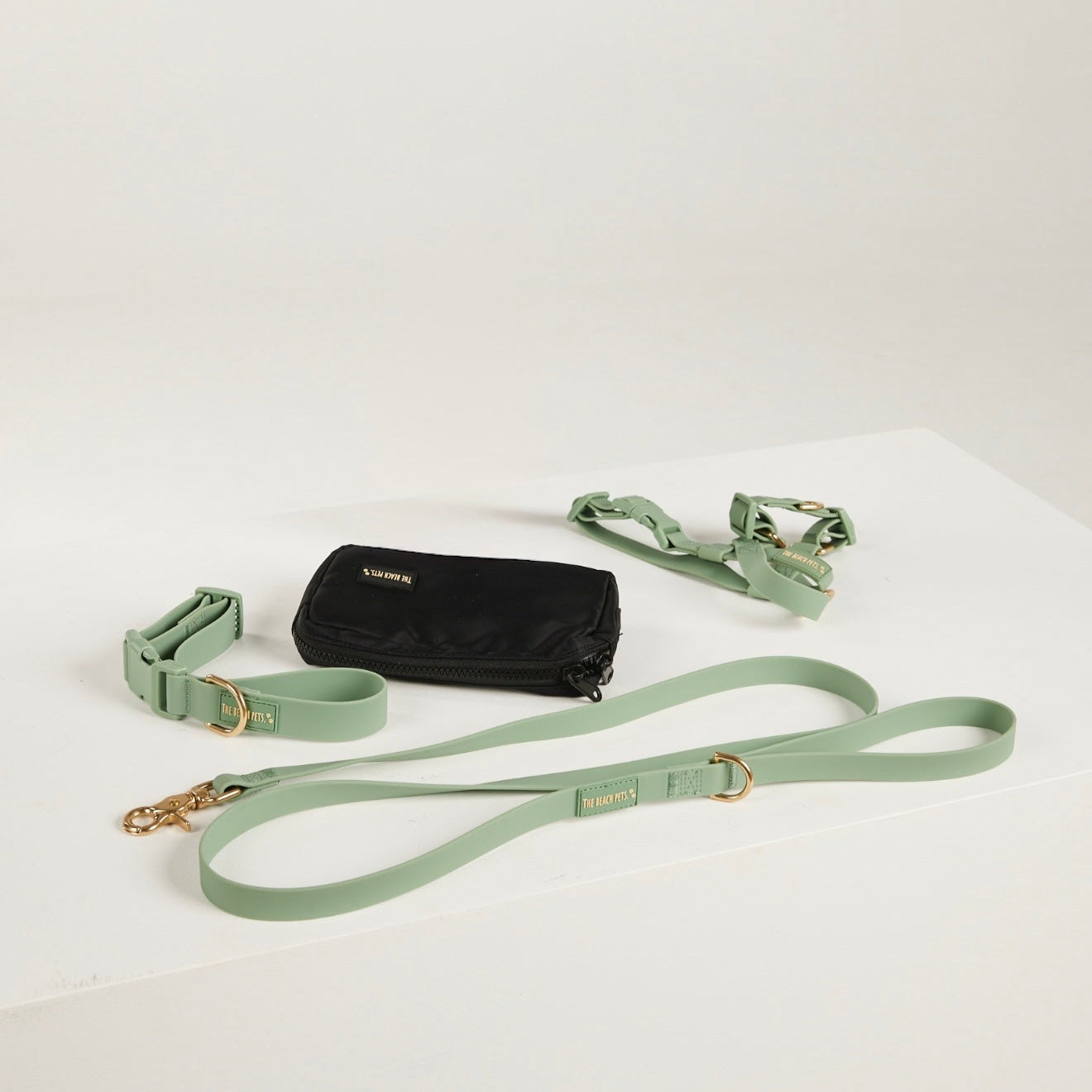 green dog collar, dog harness, dog leash and poop bag 